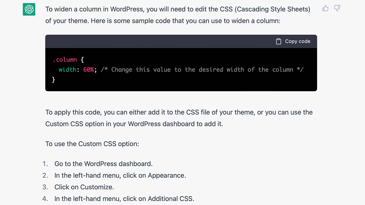 ChatGPT code to widen WordPress columns